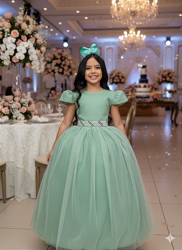 Vestido Infantil Formatura Verde Oliva Longo Glitter Dama