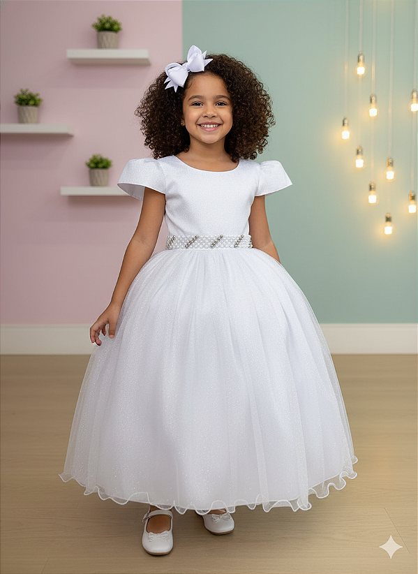 Vestido Infantil Formatura Branco Longo Glitter Dama
