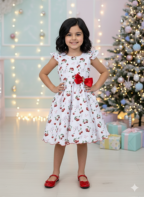 Vestido Infantil Branco Estampa Cereja Broche Luxo Festas