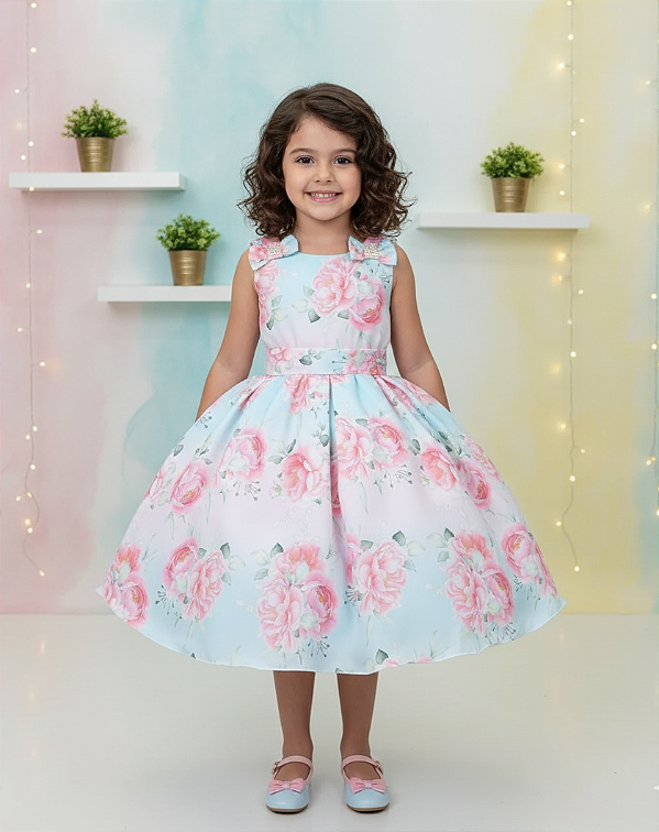 Vestido Infantil Florido Azul Bebê Midi Festa
