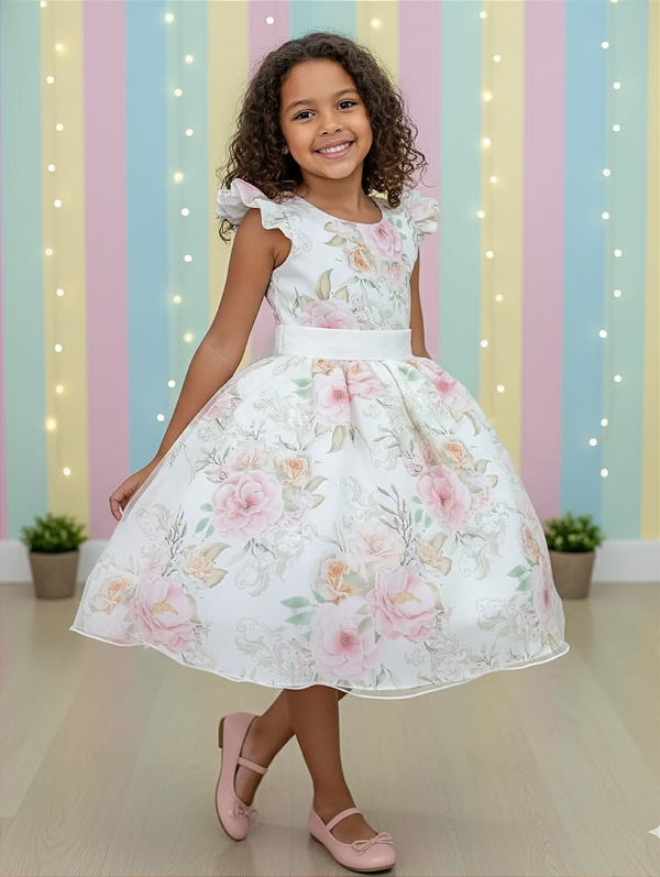 Vestido Infantil Florido Off White Midi Festa