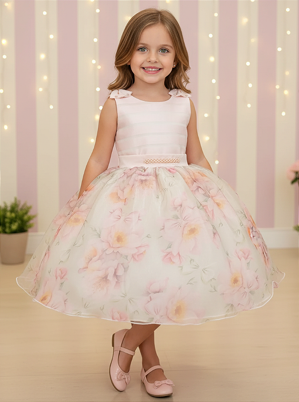 Vestido Infantil Florido Pêssego Midi Festa