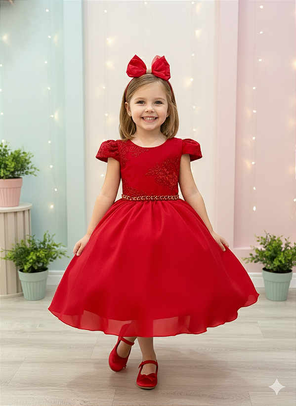 Vestido Infantil Renda Metalizada Vermelho Com Tiara Damas