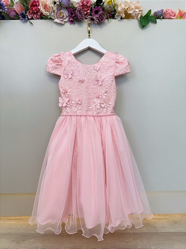 Vestido Infantil Rosa Apliques Borboletas Festas Luxo