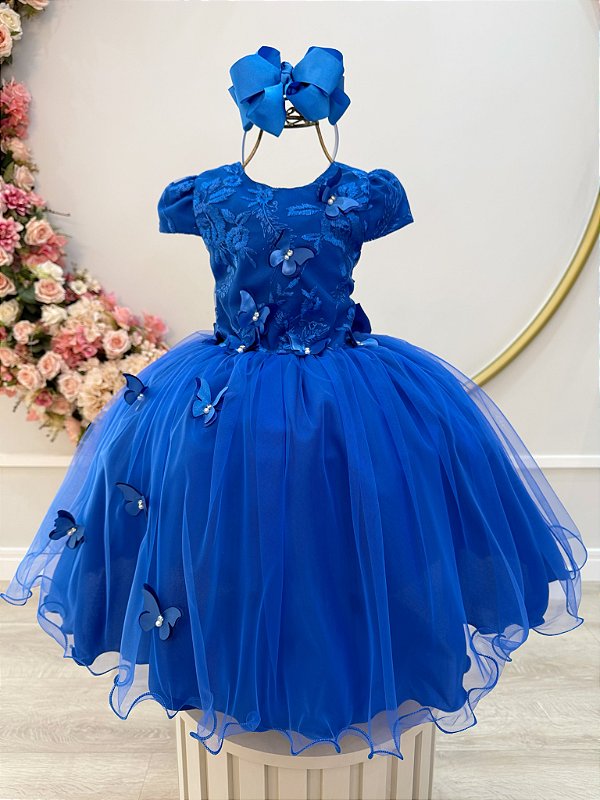Vestido Infantil Azul Royal Renda Borboletas Daminhas Luxo