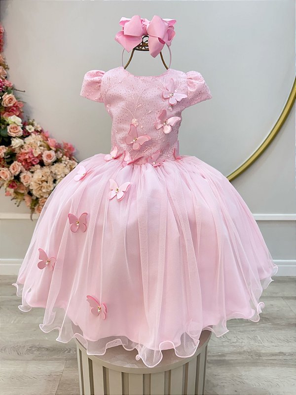 Vestido Infantil Rosa Renda Borboletas Daminhas Luxo