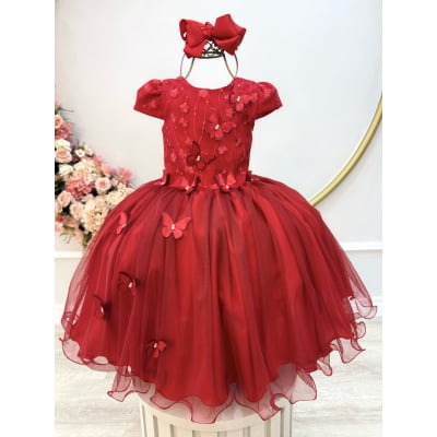 Vestido Infantil Vermelho Apliques Borboletas Festas Luxo
