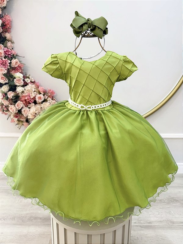 Vestido Infantil Verde Oliva Busto Nervura Festas Daminhas