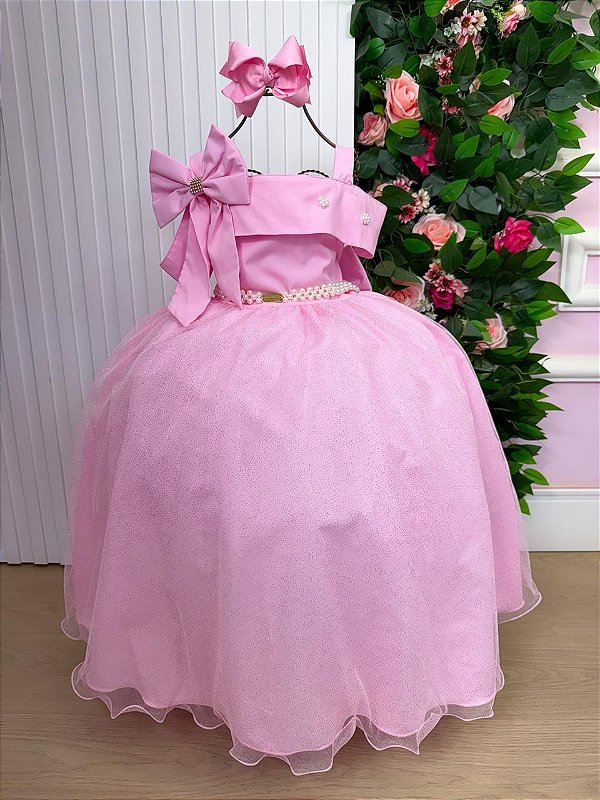 Vestido Infantil Longo Rosa Chiclete Formatura Tule Glitter Festa