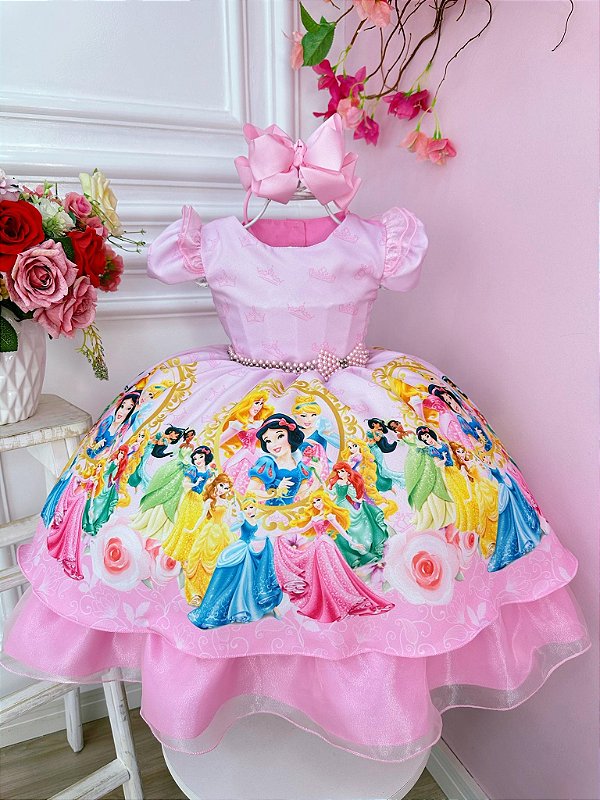 Vestido Infantil Rosa Princesas com Cinto Pérolas