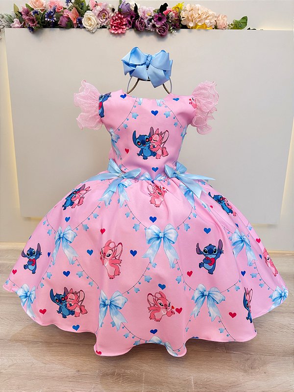 Vestido Infantil Rosa do Stitch e Angel Lilo Luxo