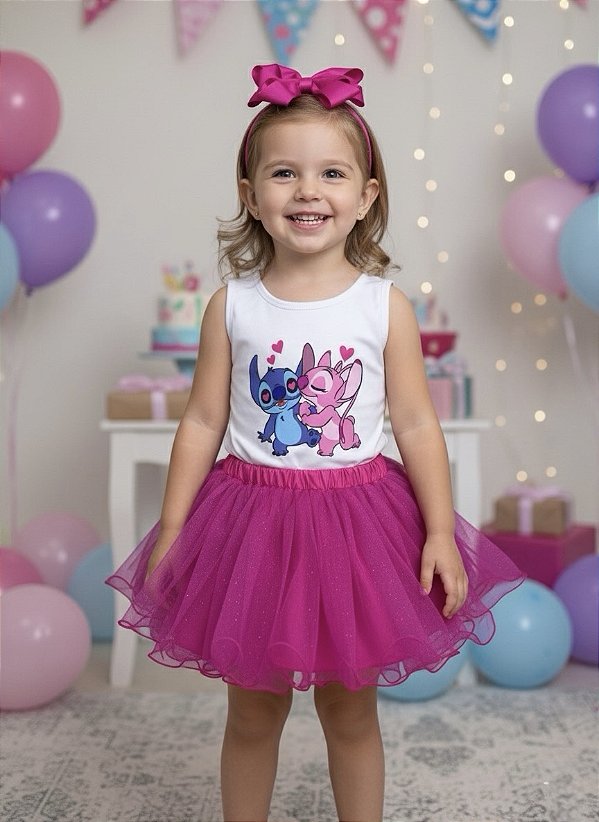 Conjunto Infantil Body Meninas e Saia Pink Lilo Stitch e Angel