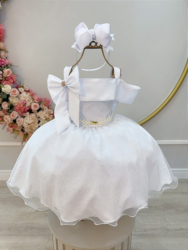 Vestido Infantil de Alça Branco Saia Glitter e Broche Festas