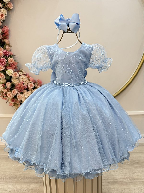Vestido Infantil Azul Claro Busto Renda Glitter Daminhas