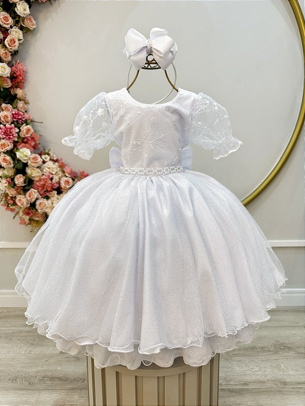Vestido Infantil Branco Busto Renda Glitter Daminhas