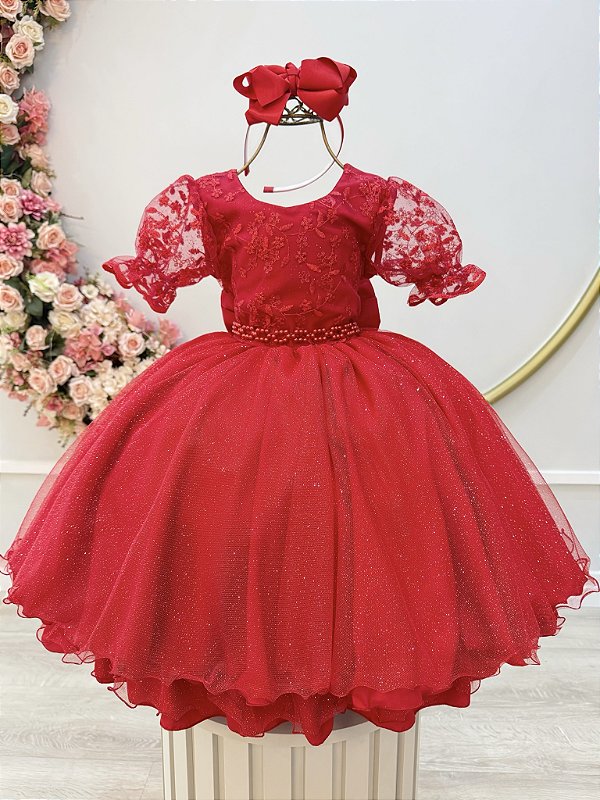 Vestido Infantil Vermelho Busto Renda Glitter Daminhas