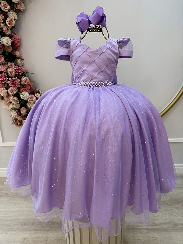 Vestido Infantil Longo Lilás Busto Nervura Pérolas Damas