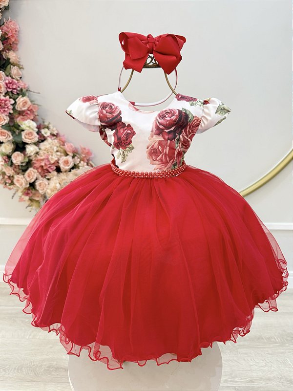 Vestido Infantil Vermelho Natal Flores Cinto Pérolas