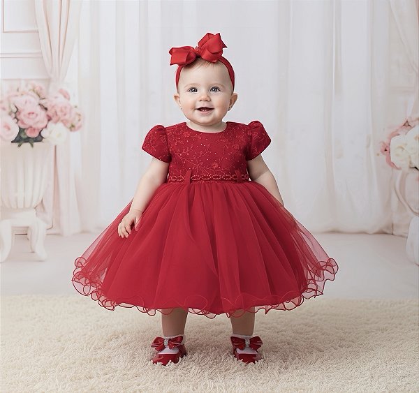 Vestido Bebê Vermelho Busto Com Strass Batizados
