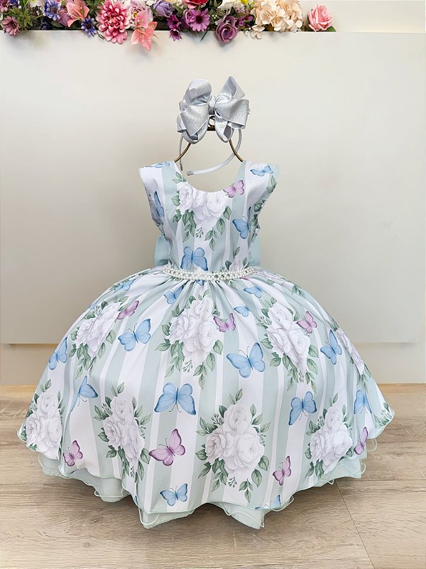 Vestido Infantil Branco Colorido Jardim das Borboletas Festas