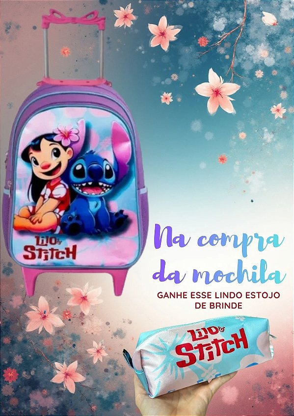 Mochila Escolar de Rodinhas Lilo e Stitch + Estojo de Brinde