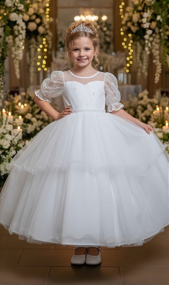 Vestido Infantil Branco Busto Renda Daminhas Festas Luxo