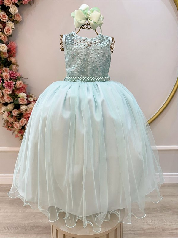 Vestido Infantil Longo Verde Menta Renda e Pérolas Damas Festa