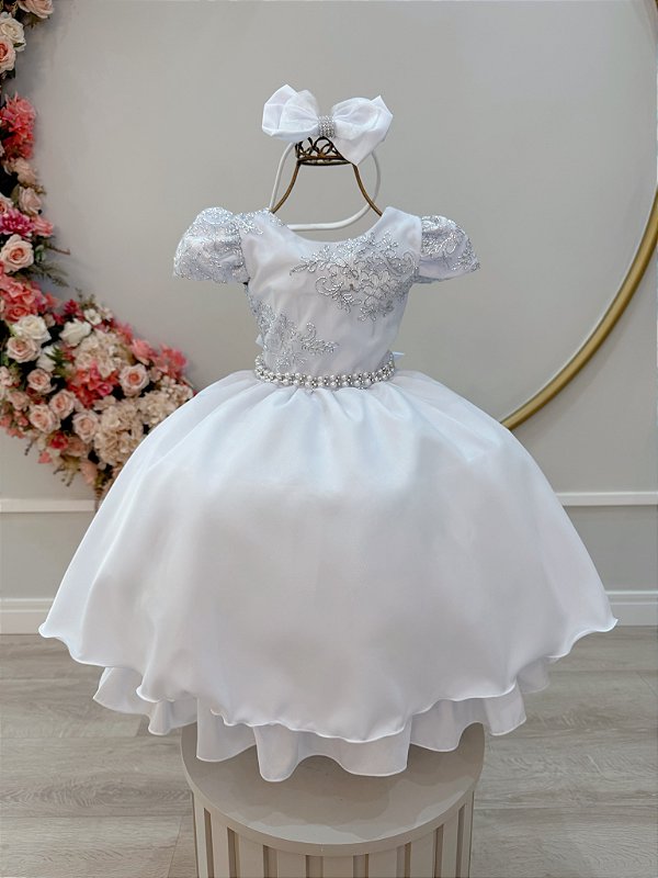 Vestido Infantil Renda Metalizada Branco Com Tiara Damas