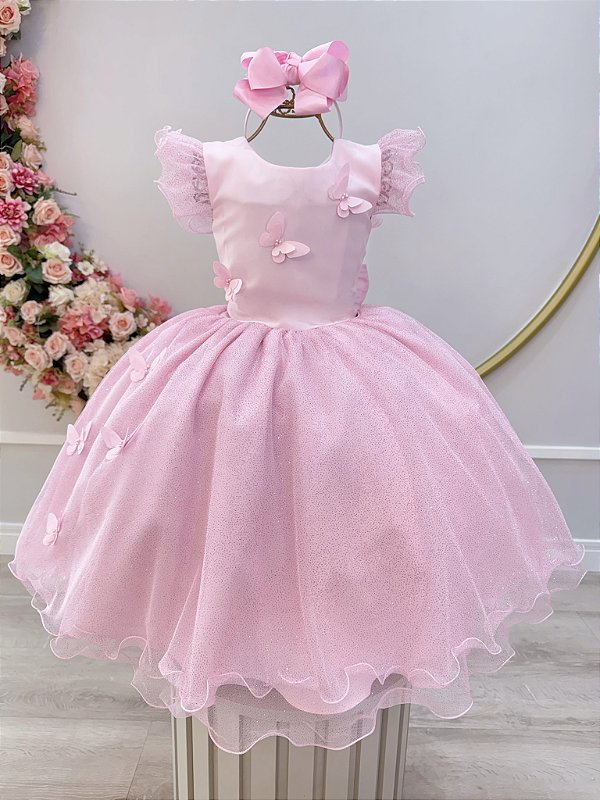 Vestido Infantil Rosa Claro Jardim das Borboletas Festas