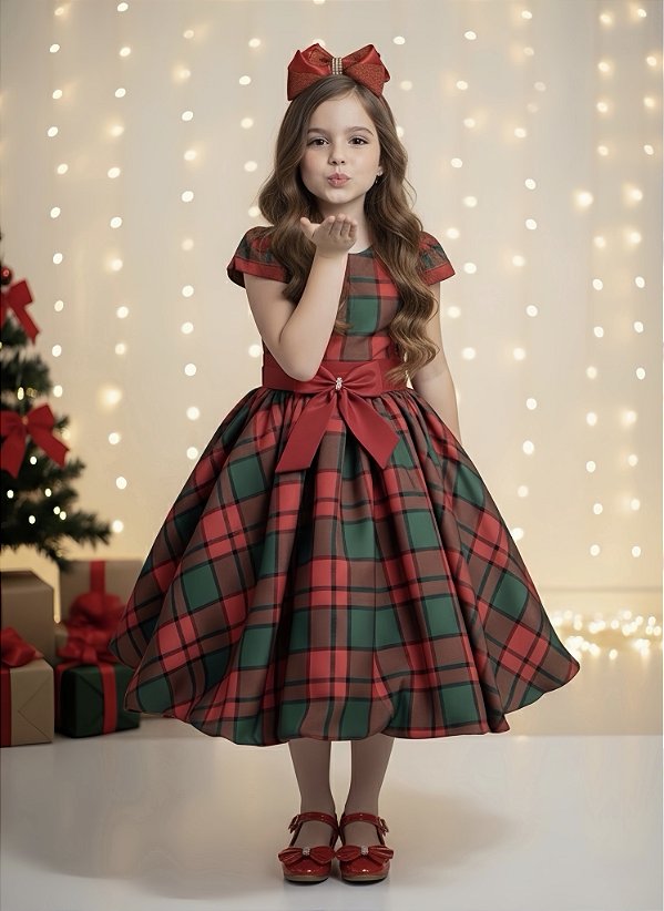 Vestido Infantil Vermelho Xadrez Colorido Festas Natal Luxo