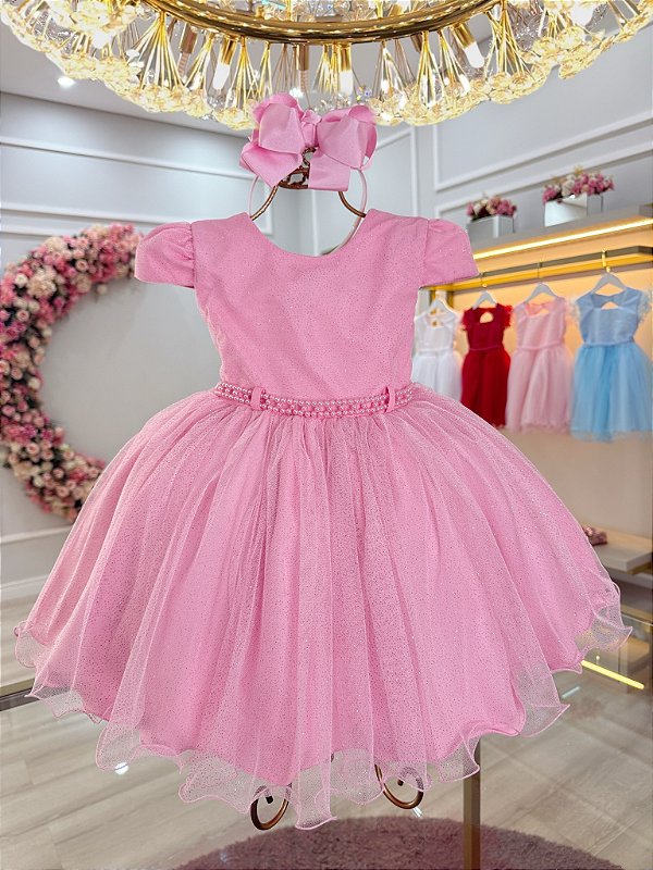 Vestido Infantil Rosa Cinto de Pérolas Batizado Festas