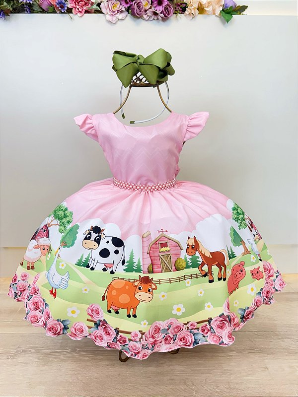 Vestido Infantil Fazendinha Rosa Festas Aniversário