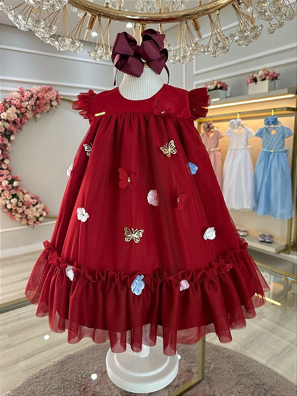 Vestido Infantil Bebê Marsala Jardim Encantado Luxo