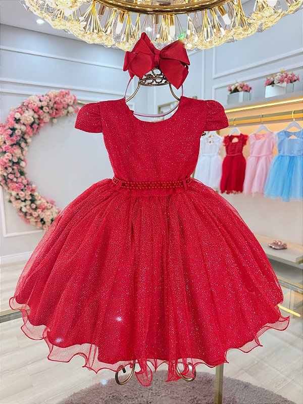 Vestido Infantil Vermelho Cinto de Pérolas Batizado Festas
