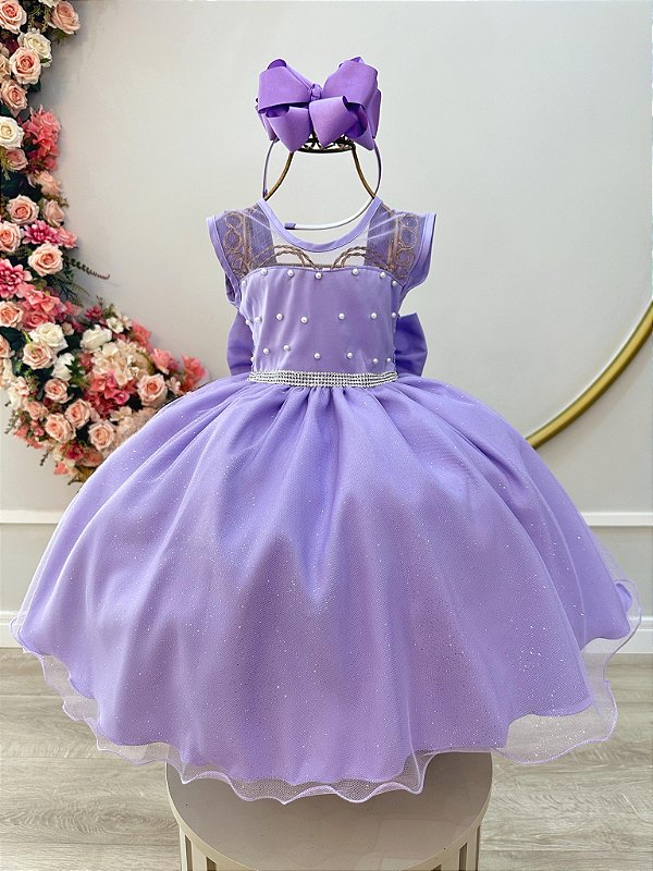 Vestido Infantil Lilás com Pérolas Saia Glitter Daminhas