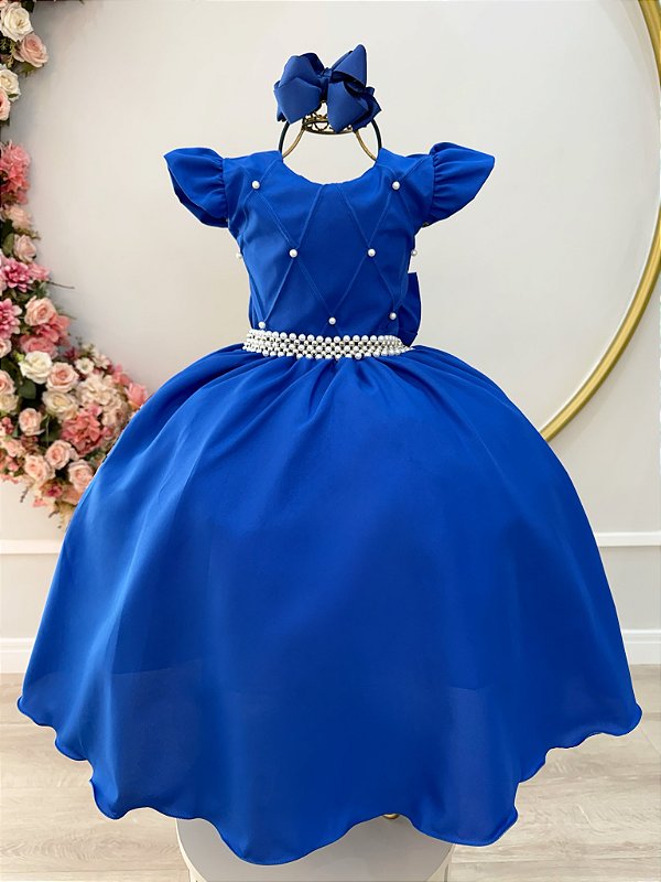 Vestido Infantil Longo Azul Royal Busto Nervura Daminhas