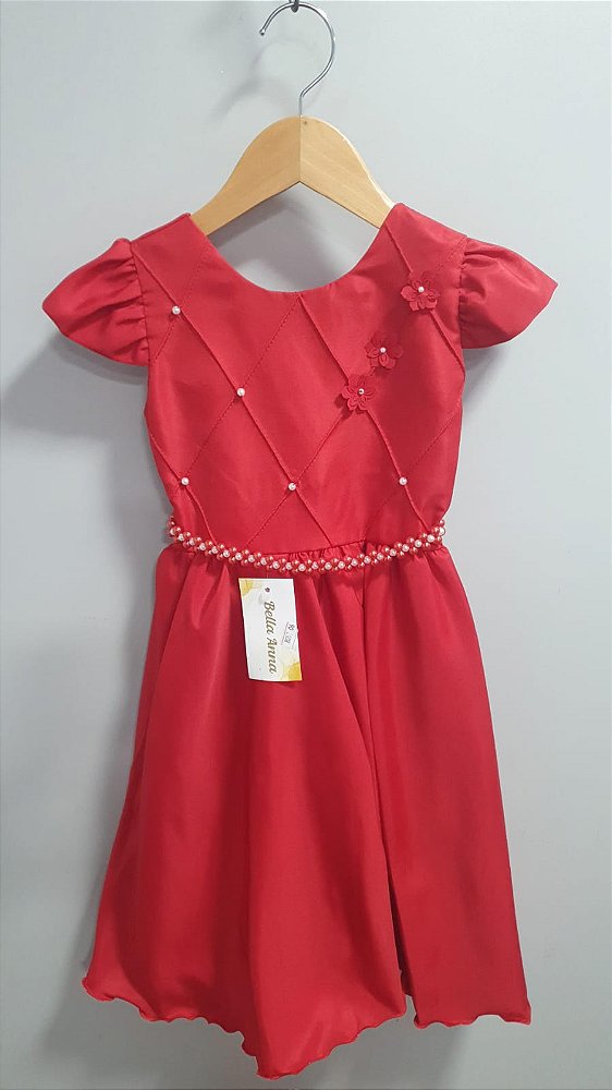 Vestido Infantil Vermelho Busto Nervuras Flores Festas Luxo