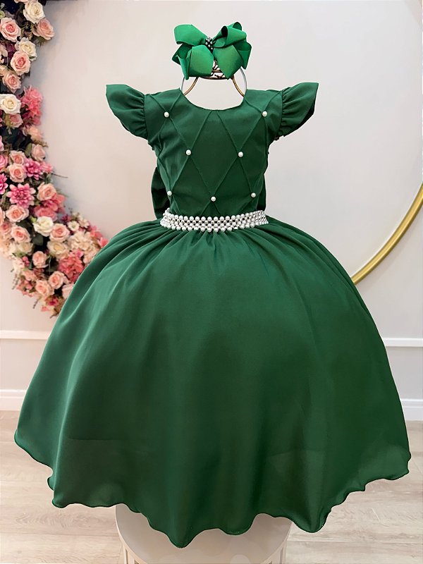 Vestido Infantil Verde Bandeira Busto Nervura Daminhas Luxo