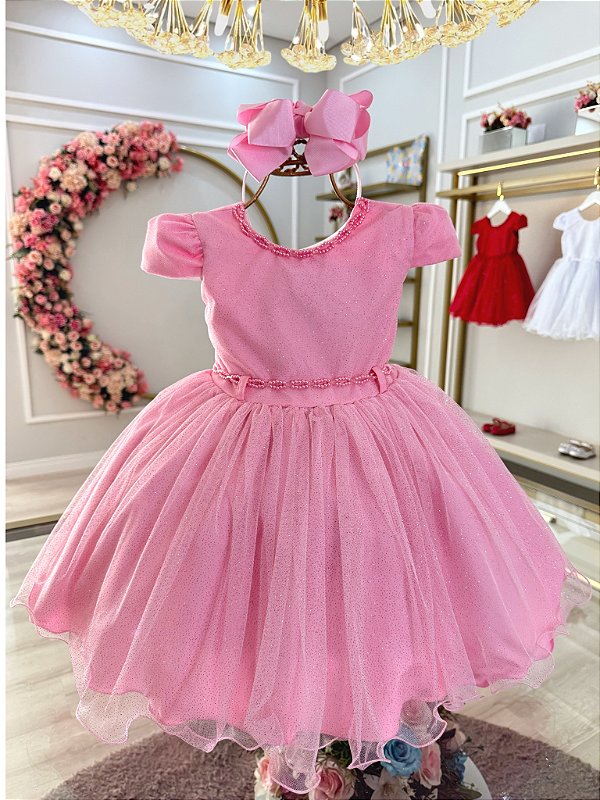 Vestido Infantil Rosa Luxo Pérolas Glitter Daminhas Festas
