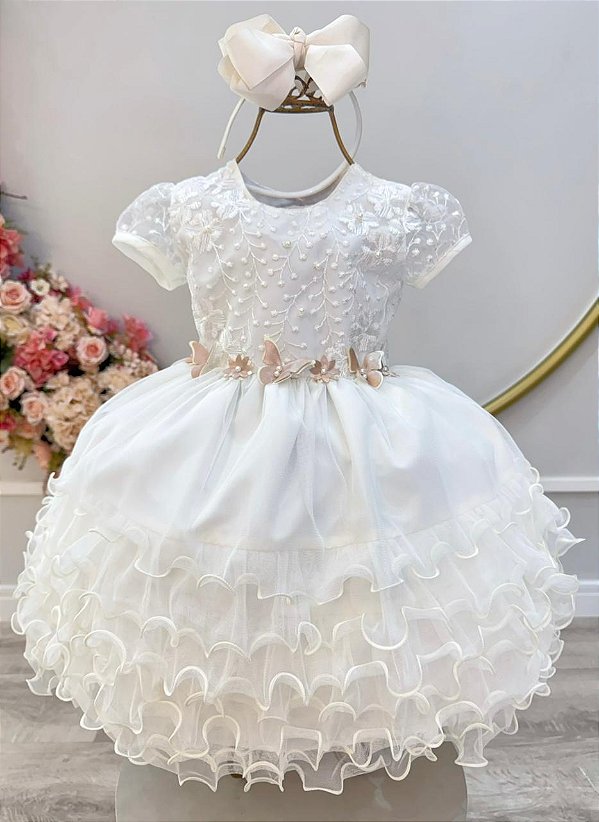 Vestido Infantil Marfim Jardim Encantado Saia Com Babados