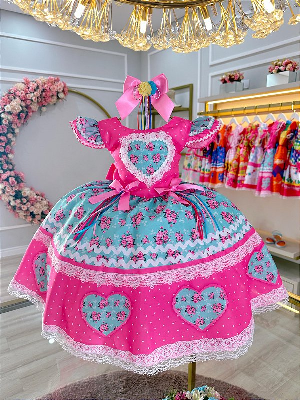 Fantasia Infantil Junino Rosa Chiclete Colorido Luxo Festas