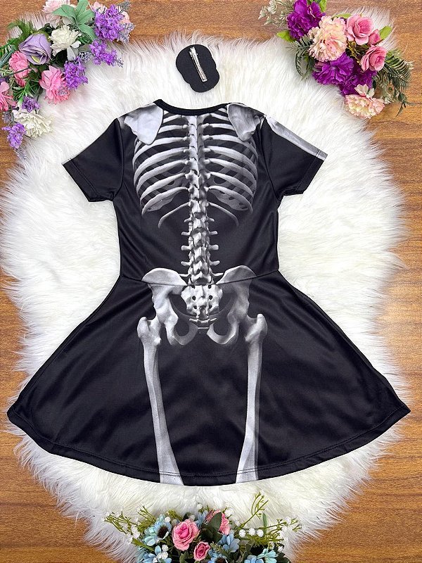 Fantasia Infantil Menina Esqueleto Bico de Pato Caveira Dia das Crianças