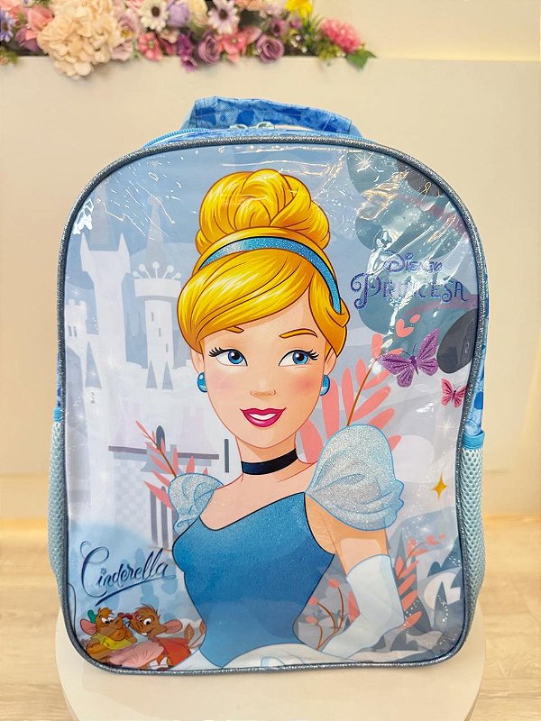 Mochila Escolar da Princesa Disney Cinderela Azul Volta as Aulas