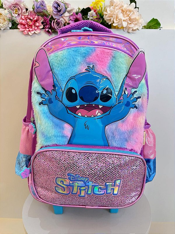 Mochila Infantil Escolar Rodinhas da Lilo Stitch e Angel Roxa