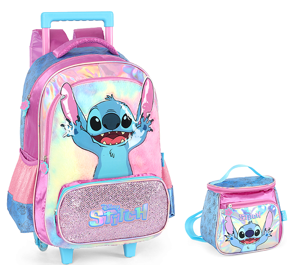 Kit Mochila Rodinhas + Lancheira Lilo Stitch e Angel Roxa
