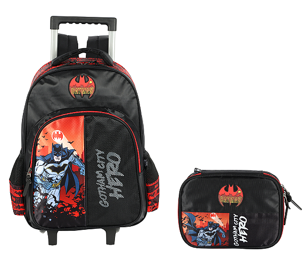 Kit Mochila Infantil Rodinhas + Estojo Batman Preta e Vermelha