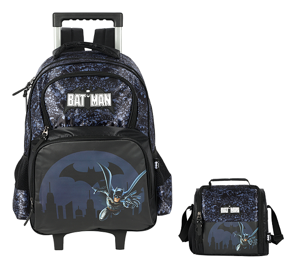 Kit Mochila Infantil Rodinhas Batman + Lancheira Preta e Azul