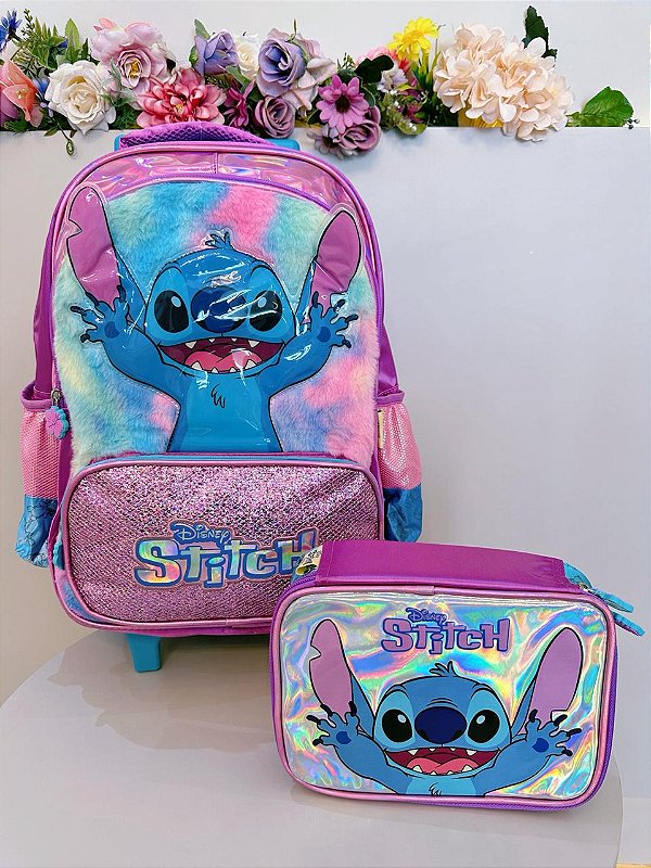 Kit Infantil Mochila rodinhas + Estojo da Lilo Stitch e Angel Roxo