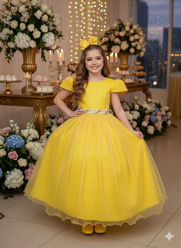 Vestido Infantil Formatura Amarelo Longo Glitter Dama