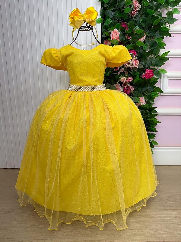 Vestido Infantil Formatura Amarelo Longo Glitter Dama